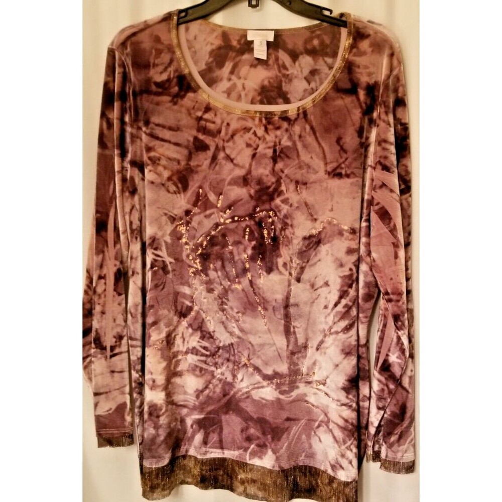 Chico's Tunic Top Velour with Sheer Hem Design Metallic Accents Size XL